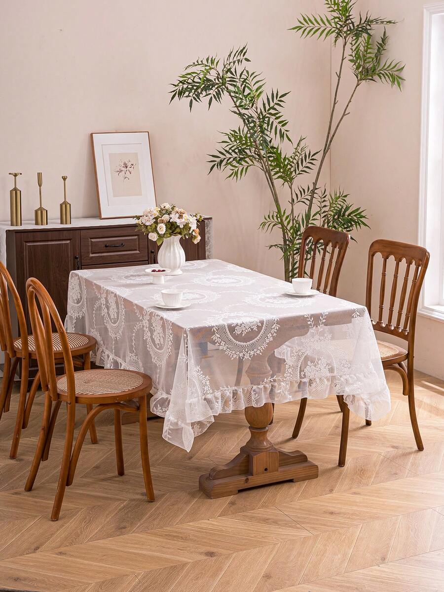 1pc Elegant French Floral Lace Trim Tablecloth, Fresh And Chic Decor - White - View 1