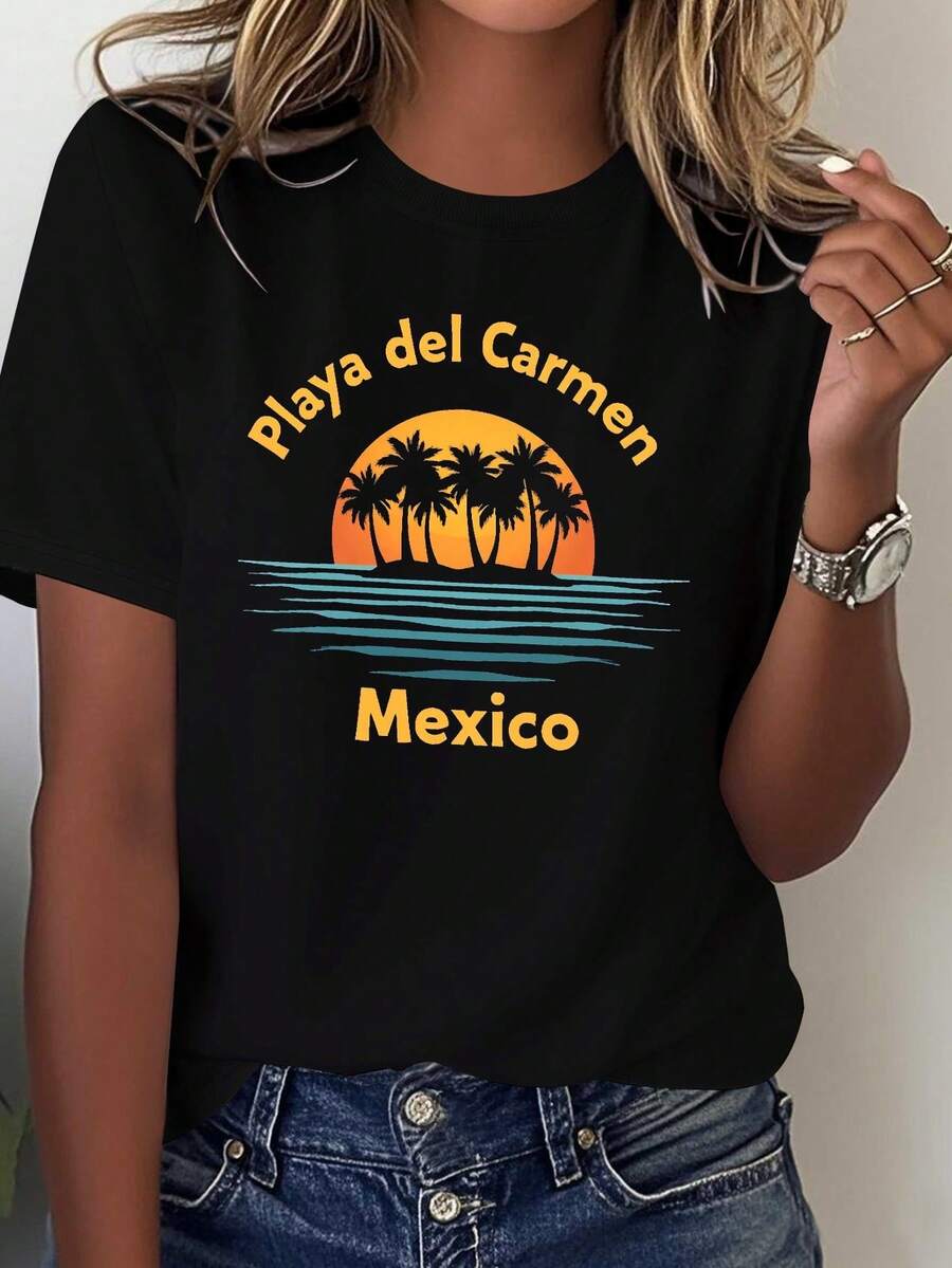Camiseta de playa tropical mexicana para mujer Playa del Carmen - Camiseta 100% casual para vacaciones, estampada con un diseño de la Riviera Maya, cómoda para todas las estaciones, adecuada para viajes y uso diario, lavable a máquina, de manga corta y color gris claro, con estampado de palmeras y la inscripción "Playa del Carmen", estilo holgado de cuello redondo para mujer, tela suave y transpirable con un patrón geométrico de puesta de sol, ideal para viajes a la playa y estilo casual. - Negro - Ver 1