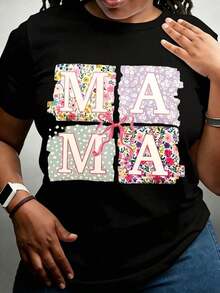 1 pieza de camisa con diseño floral en patchwork para mamá, idea de regalo para madre y mamá con detalles de lazo rosa, perfecta para el Día de la Madre y celebraciones familiares, 180g, 100% algodón. - Negro - Ver 1