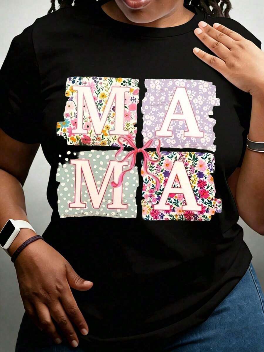 1 pieza de camisa con diseño floral en patchwork para mamá, idea de regalo para madre y mamá con detalles de lazo rosa, perfecta para el Día de la Madre y celebraciones familiares, 180g, 100% algodón. - Negro - Ver 1