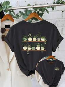 Women's Double-Sided Print T-Shirt, Casual Short-Sleeved Top With A Round Neck, Featuring A Design Of Potted Plants On A Two-Tiered Shelf, Made Of Breathable And Machine-Washable Fabric, Ideal For Comfortable Wear In All Seasons - 黑色 - 查看 10