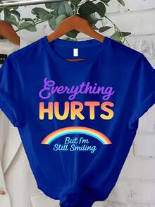 Edición Limitada Talla, [Camiseta con Estampado Trebalena] Camiseta cómoda de corte holgado para mujer con estampado Aunque mi cuerpo duele, aún sonrío Camiseta divertida para mujer - Ropa casual moderna y colorida y regalo% Algodón ligero de manga corta con cuello redondo, top moderno para uso diario,  de verano. - Azul - Ver 1