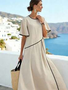 Vestido de vacaciones de estilo bohemio de tela tejida transpirable en beige - Vestido maxi holgado de corte ajustado con cuello redondo, ribete de contraste, mangas tipo murciélago y fruncido para escapadas a la playa - Caqui - Ver 11