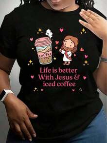 Camiseta de mujer con estampado de dibujos animados de Jesús y café helado, diseño de texto 'La vida es mejor con Jesús y café helado' para uso casual y como regalo religioso. - Negro - Ver 1