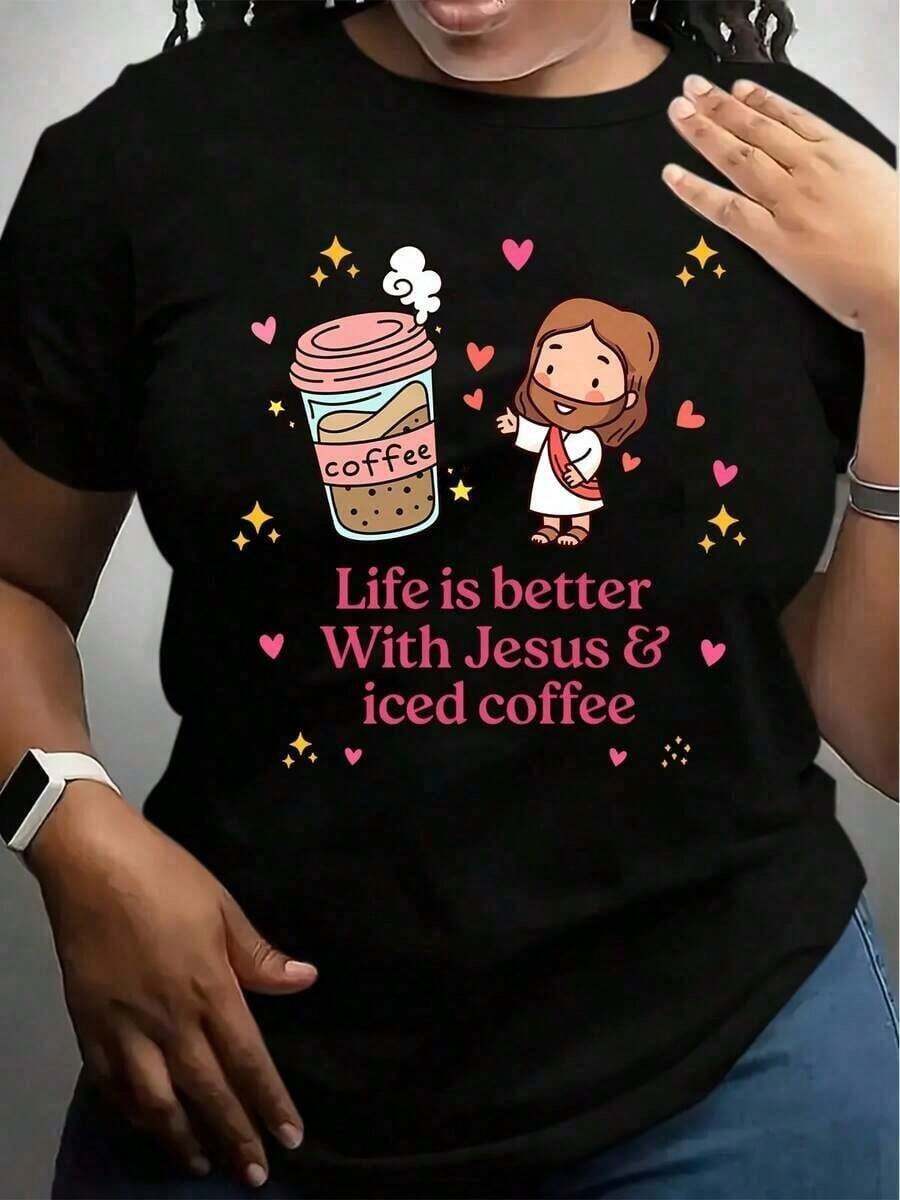 Camiseta de mujer con estampado de dibujos animados de Jesús y café helado, diseño de texto 'La vida es mejor con Jesús y café helado' para uso casual y como regalo religioso. - Negro - Ver 1