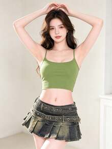 Women's Denim Pleated Rivet Belt Y2K Skirt, Low Waist High Street Falda Short Mujer, Vintage Slimming A-Line Faldas Cortas, Mini Skirt, Suitable For Beach Holiday, Resort Night Wear, Bar Party, Slim Shaping, Hot Casual, Vacation Daily - 藍色 - 查看 2