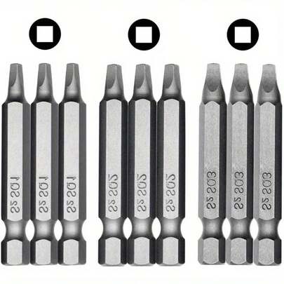 3件套50mm方头螺丝刀头套装，1/4英寸六角柄，S2钢材质，包含SQ1、SQ2、SQ3磁性方头螺丝刀头，适用于电动和手动螺丝刀。