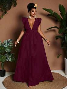 Maweii Vestido elegante con cuello en V, mangas cortas, espalda descubierta y pliegues, talla grande - Burdeos - Ver 1