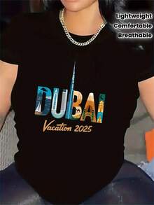 Camiseta de Poliéster para Vacaciones en Dubai 2025, Tejido Ligero y Transpirable, Ideal para Viajes, Playa y Uso Diario, Ajuste Cómodo, Diseño Duradero, Perfecta para Hombres y Mujeres, Estampado Gráfico Estiloso, Top Casual de Manga Corta - Negro - Ver 7