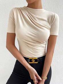 Body de camiseta ajustado unicolor fruncido - Beis - Ver 7
