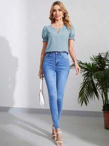 Blusa verde con cuello de ojo de cerradura y manga abullonada, blusas de manga corta - Azul - Ver 3