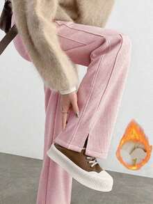 YI XUAN Pantalones anchos con forro térmico para mujer, pantalones rectos casuales térmicos de plátano cálidos para invierno - Rosa Pálido - Ver 7
