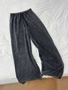 Pantalones de chándal de pierna recta y cintura baja para mujer, apropiados para el verano, con efecto lavado - Negro - Ver 6