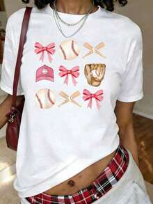 Camiseta con Estampado "Baseball Mom", Camiseta de Manga Corta con Cuello Redondo, Top Casual para Verano y Primavera, Ropa de Tallas Grandes para Mujer - Blanco - Ver 1