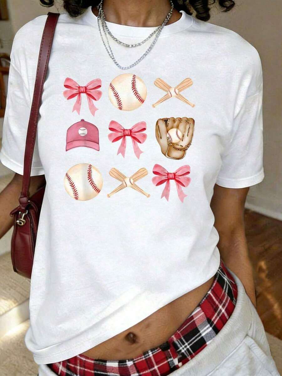 Camiseta con Estampado "Baseball Mom", Camiseta de Manga Corta con Cuello Redondo, Top Casual para Verano y Primavera, Ropa de Tallas Grandes para Mujer - Blanco - Ver 1