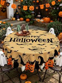 1PC Halloween Themed Polyester Tablecloth – Black Cat & Pumpkin Pattern (Light Orange With Bats & Spiders) – Available In Round (145cm) Or Rectangular (140x180cm) – Festive Table Decor For Halloween Parties And Family Gatherings - Multicolor - View 4