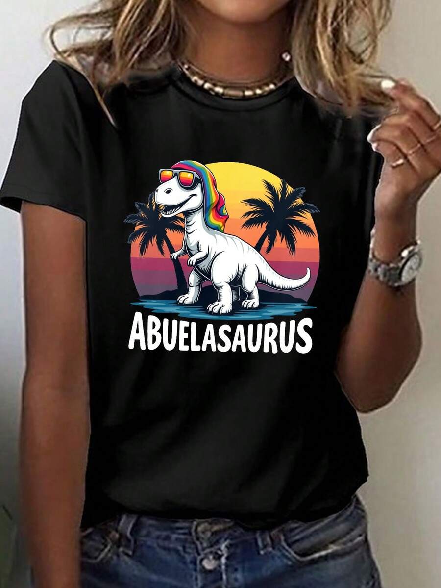 Talla grande - talla extra grande - camiseta de mujer, hecha de algodón puro, tela ligera y transpirable, diseño de cuello redondo, diseño estampado, corte de manga corta, adecuada para primavera y verano. - Negro - Ver 1