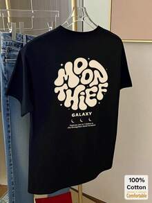 Adatto per Y2k, T-shirt a maniche corte di media lunghezza con stampa grafica divertente, top casual ed elegante per donne, nero, estivo. Top estivo. - nero - Visualizzare 1