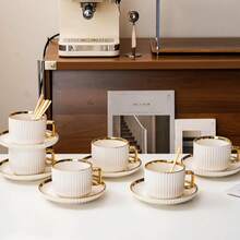 Vintage Kaffeebecher-und Untersetzerset,Keramikbecher und Untersetzer, Trinkutensilien furZuhause und Buro, Geschenkideen, Getrankeutensilien - Weiss - Übersicht 2