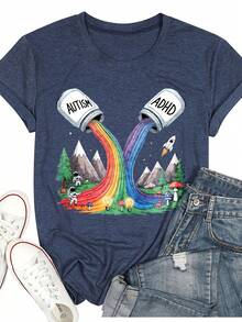 Camiseta casual de verano para mujer, para deportes y ocio, top de manga corta para mujer 2026, camiseta casual de moda con cuello redondo, estilo versátil y nuevo, con un creativo diseño de ilustración de arcoíris para autismo y TDAH, un regalo para familiares y amigos. - Albaricoque - Ver 8
