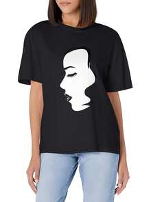 Camiseta gráfica minimalista para mujer inspirada en perfil de silueta de mujer en blanco y , camiseta negra casual de cuello redondo y manga corta - Negro - Ver 1