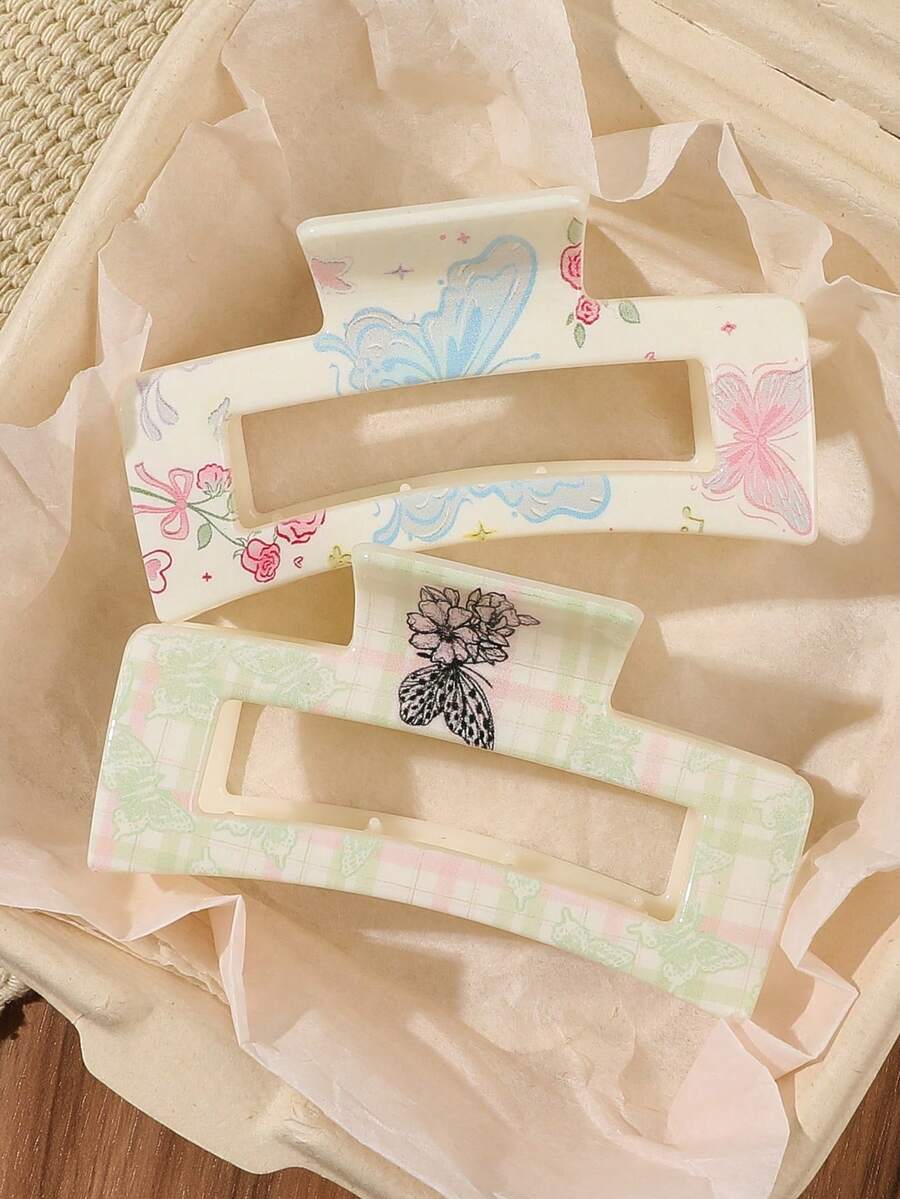 2件套乳白色PC材质蝴蝶结花卉领结,格子镂空方形发爪,丸子头固定器,刘海整理器,鲨鱼夹,美发造型配件,柔和乡村风,休闲街头风,下午茶装饰 - 彩色 - 查看 1