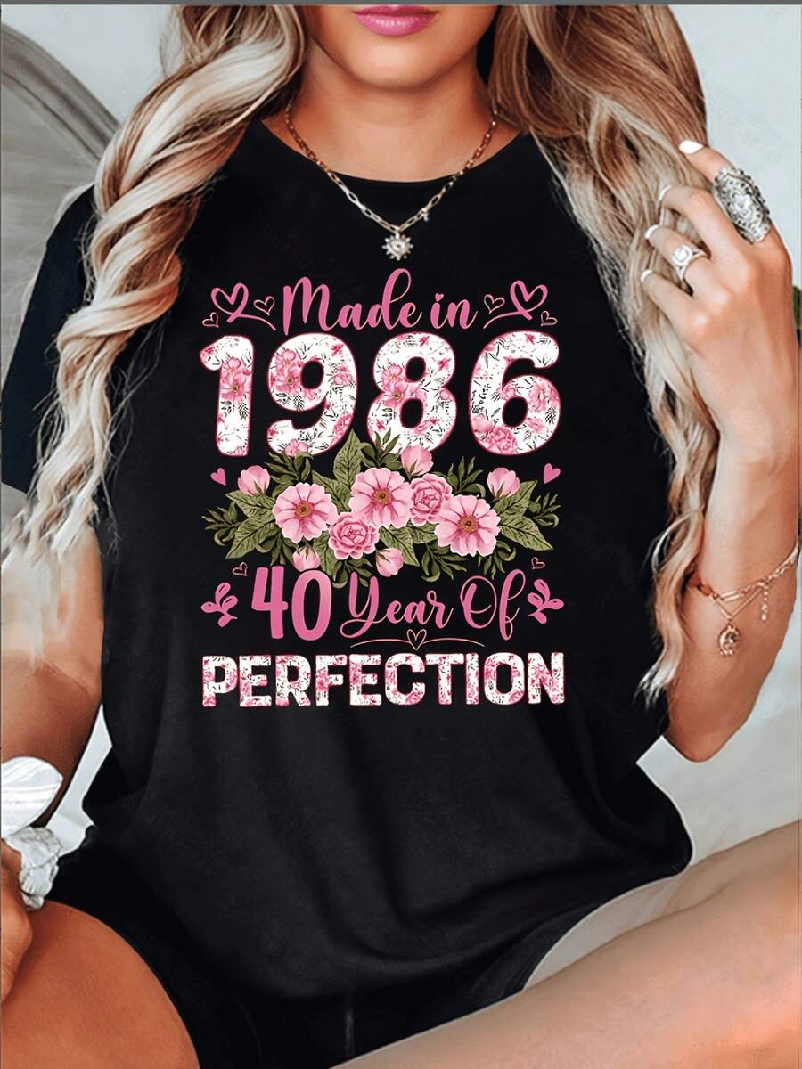 % algodón, estampado frontal con diseño floral de 1986, camiseta de cuello redondo, estilo deportivo casual para mujer, adecuada para primavera y verano, de manga corta, se puede usar en todas las estaciones. Perfecta para usar en capas en primavera y otoño, o sola en verano. Estilo unisex, para amigas. Algodón de alta densidad, top de estilo de marca a. - Negro - Ver 1