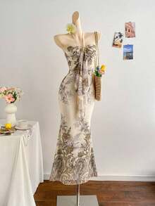 xheSoleia Vestido de punto de malla con degradado romántico, ajustado, con cuello halter, lazo y hebilla metálica decorativa, con falda de cola de pez, adecuado para fiesta, cita, té de la tarde, sexy y elegantexhe - Rosa Fucsia - Ver 4