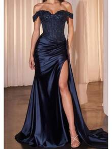 Women European American Sexy Evening Gown New Arrival Satin Off‑Shoulder Pleated Slit Long Dress Sequin Decor Formal Dress For Party Special Occasions - màu xanh hải quân - Xem 1