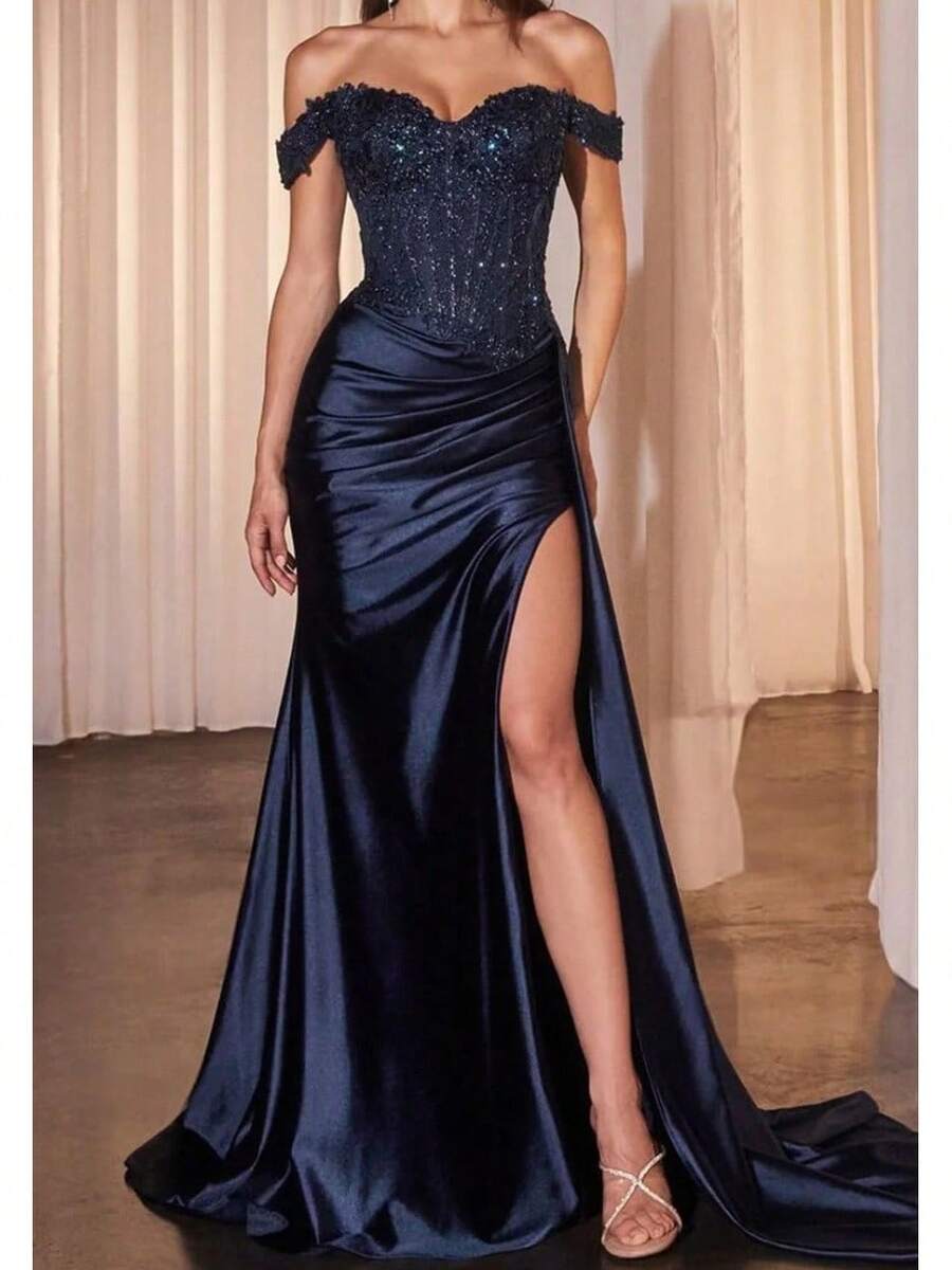 Women European American Sexy Evening Gown New Arrival Satin Off‑Shoulder Pleated Slit Long Dress Sequin Decor Formal Dress For Party Special Occasions - màu xanh hải quân - Xem 1