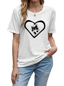 Bonita camiseta con estampado de gato y corazón para mujer, tela de mezcla de algodón suave, camiseta casual de verano holgada para uso diario y más - Beis - Ver 6