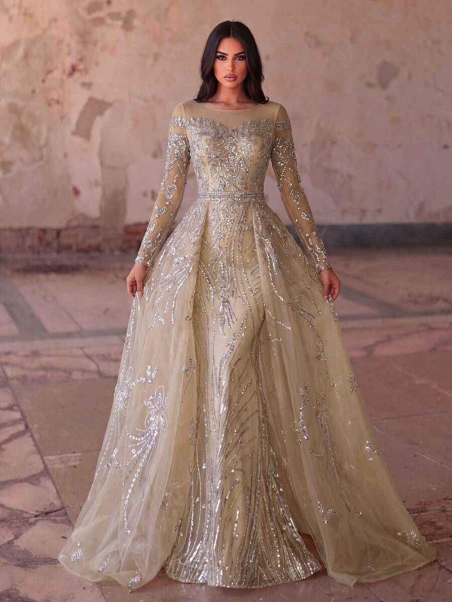 Faeriesty Đầm dạ hội dài tay dáng đuôi cá đính sequin sang trọng dành cho nữ - Thêu tinh xảo, dáng ôm xòe nhẹ, đính pha lê toàn thân, thích hợp cho các buổi tiệc cưới trang trọng, sự kiện thảm đỏ, dạ hội và lễ kỷ niệm.