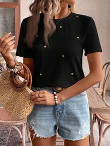 Women's Cotton T-Shirts Frenchy Casual Short Sleeve T-Shirt For Everyday Wear With Gold Thread Embroidered Heart, Summer T-Shirt For Women With Cotton Tea Party Outfit, Embroidered Top, Cotton T-Shirt For Women. Summer Tops - 黑色 - 查看 2