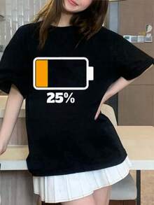 おもしろtシャツ バッテリー低下アラート グラフィックTシャツ ％充電 カジュアル ラウンドネック ティー 洗濯機可 オールシーズン快適フィット 夏服半袖トップス せっとあっぷ レディース - ブラック - チェックする 1