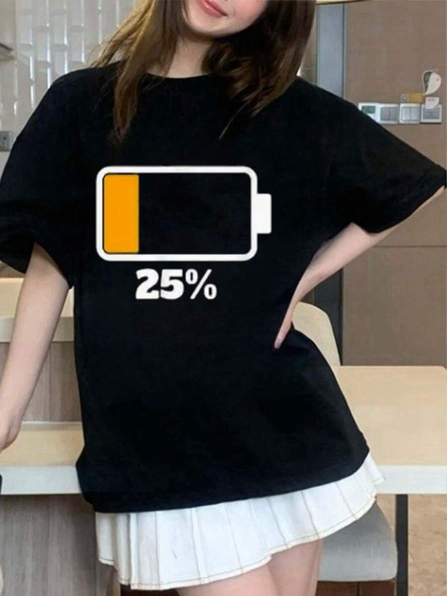 おもしろtシャツ バッテリー低下アラート グラフィックTシャツ ％充電 カジュアル ラウンドネック ティー 洗濯機可 オールシーズン快適フィット 夏服半袖トップス せっとあっぷ レディース - ブラック - チェックする 1