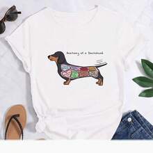 Camiseta de manga corta con estampado de perro salchicha de dibujos animados divertidos, cuello redondo,  de moda de verano para mujer. - Blanco - Ver 4
