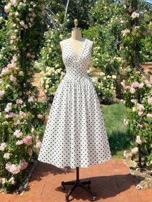 Amore Look For A Wedding Guest: Long Blue Dress With Floral Print, V-Neck, Sleeveless, High Waist And A-Line Silhouette, Perfect For Graduations, Parties, Summer Holidays Or An Elegant Afternoon Tea - 象牙白色 - 查看 10
