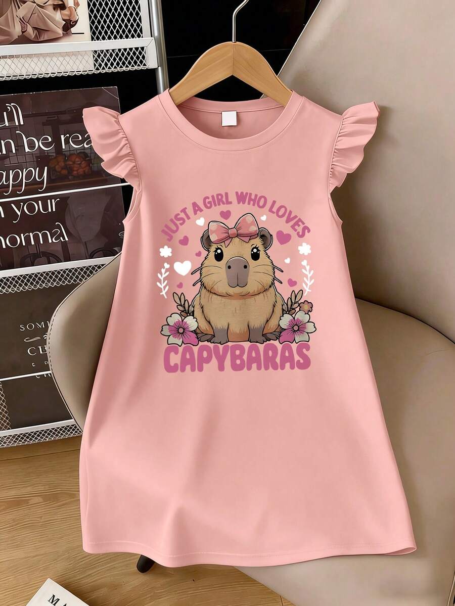 Vestido de estilo dulce con estampado de capibara para niña preadolescente - Rosa - Ver 1