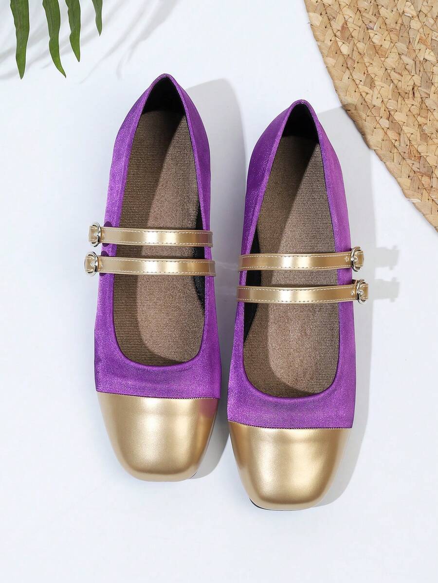 Square Toe Mary Jane Shoes, Gold Patchwork, Double Strap, School Uniform Shoes, Versatile All Season Plus Size Loafers
