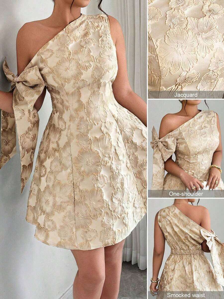Vestido mini asimétrico de hombro con cintura recogida, decoración de lazo y tela jacquard, elegante para fiesta/cita, primavera/verano - Albaricoque - Ver 1