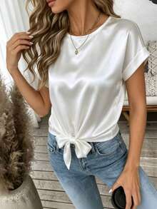 Women's Round Neck Short Sleeve Crop Top, Asymmetric Hem, Silk-Like Fabric White Summer - White - View 3