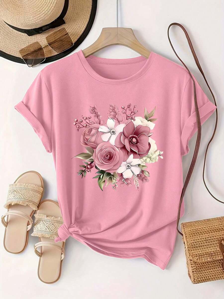 Plus Size - Plus Size - 0-8XL Plus Size Casual Fashion Printed T-Shirt Women's Clothing, Modern Base Layer Daily Outing Casual Wear For All Seasons Short Sleeve T-Shirt Multicolor Optional Women's Soft Pink Floral Anime T-Shirt - Pastel Pink Blouse - 羅莎 - 查看 1