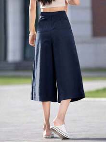 Pantalones de mujer de verano de unicolor, casuales, de pierna ancha y holgados de 7/4 de largo, con bolsillos, adecuados para uso casual diario, al aire libre y de vacaciones - Gris Claro - Ver 10