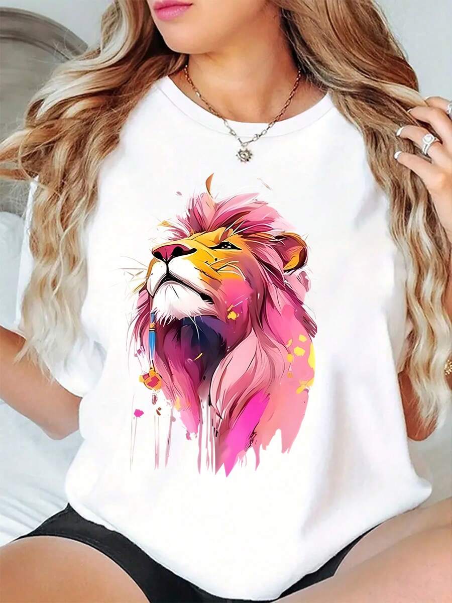 Women's Casual Sport T-Shirt With Vibrant Pink Lion Print - Soft And Stretchy Crew Neck, All Year Round Comfort And Modern Urban Style, Non-See-Through Fabric - [白色的] - 查看 1