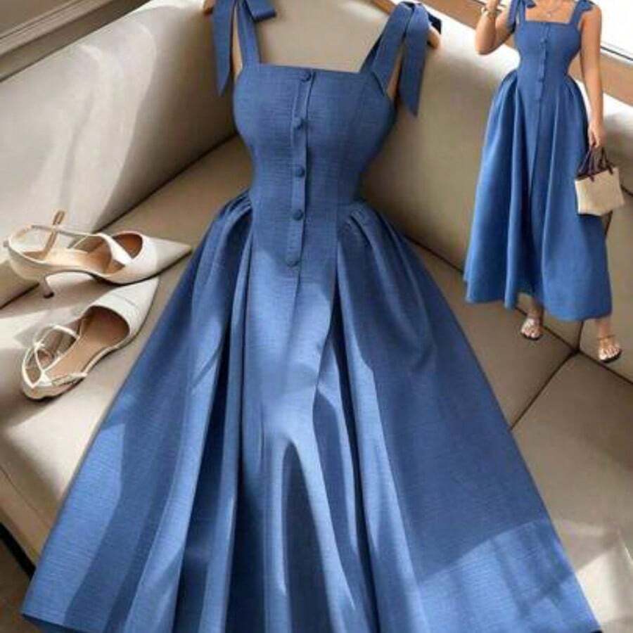 guangzhougaolangshangmao Nuevo vestido midi tejido bicolor con textura y tirantes anudados, elegante y versátil para uso en la oficina - Azul - Ver 1