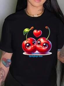 Just A Day Of Peace, Cherry Love, Valentine's Special Edition, Heart, Gift, Special Edition, New Women's Casual Sporty Crew Neck T-Shirt Comfortable For All Four Seasons - 黑色 - 查看 4