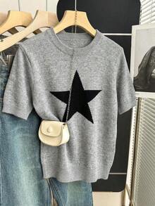 Nueva llegada Primavera/Verano Estilo coreano Casual Suelta Personalizada Blusa de punto de mujer a rayas de color contrastante - Gris - Ver 8