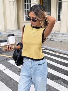Suéter sin mangas con cordón de color contrastante para mujer - Amarillo - Ver 4