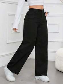 Jeans rectos y sueltos informales con bolsillos para mujeres - Negro - Ver 5