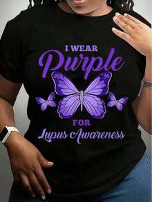 Camisetas de Mujer con Estampado de Mariposa Morada para la Concientización sobre el Lupus, Transpirables, de Algodón - Negro - Ver 9